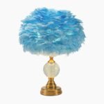 FEATHER TABLE LAMP ROMANTIC CRYSTAL GLOBE WITH BRASS LAMP BASE BLUE