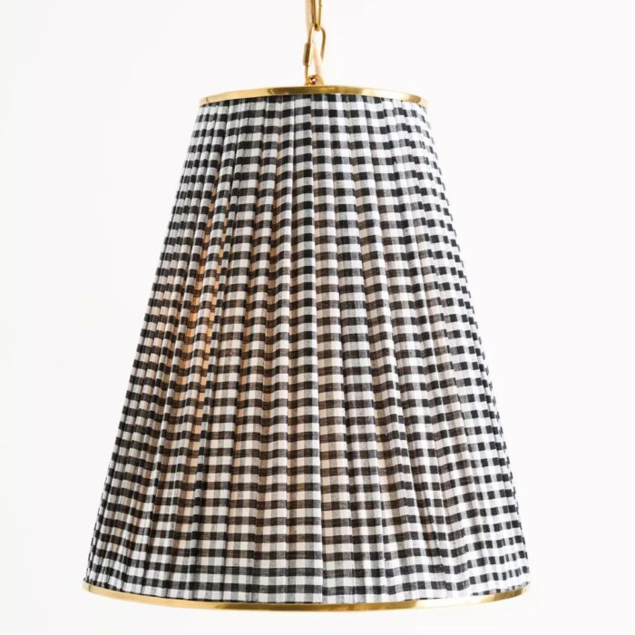 LEE RUCHED ARTICULATING PRINTED SHADE BRASS TALL PENDANT BLACK AND WHITE