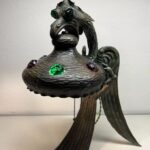 ANTIQUE ART NOUVEAU JEWELLED CHUNK GLASS AUSTRIAN BRONZE GRIFFON DRAGON LAMP