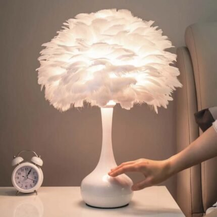 FEATHER GREY TABLE LAMP ELEGANT FOR BEDSIDE WITH TOUCH CONTROL