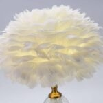 FEATHER TABLE LAMP ROMANTIC CRYSTAL GLOBE WITH BRASS LAMP BASE WHITE