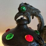 ANTIQUE ART NOUVEAU JEWELLED CHUNK GLASS AUSTRIAN BRONZE GRIFFON DRAGON LAMP