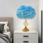 FEATHER TABLE LAMP ROMANTIC CRYSTAL GLOBE WITH BRASS LAMP BASE BLUE