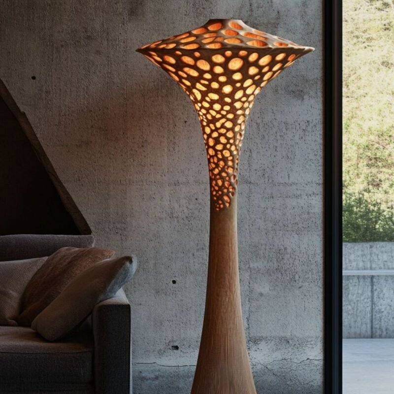 SCULPTURAL ORGANIC FLOOR LAMP WITH TEXTURED CUTOUT SHADE