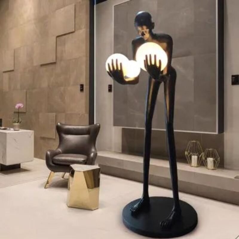 ABSTRACT FIGURE HOLDING LIGHT ORBS SCULPTURAL FLOOR LAMP