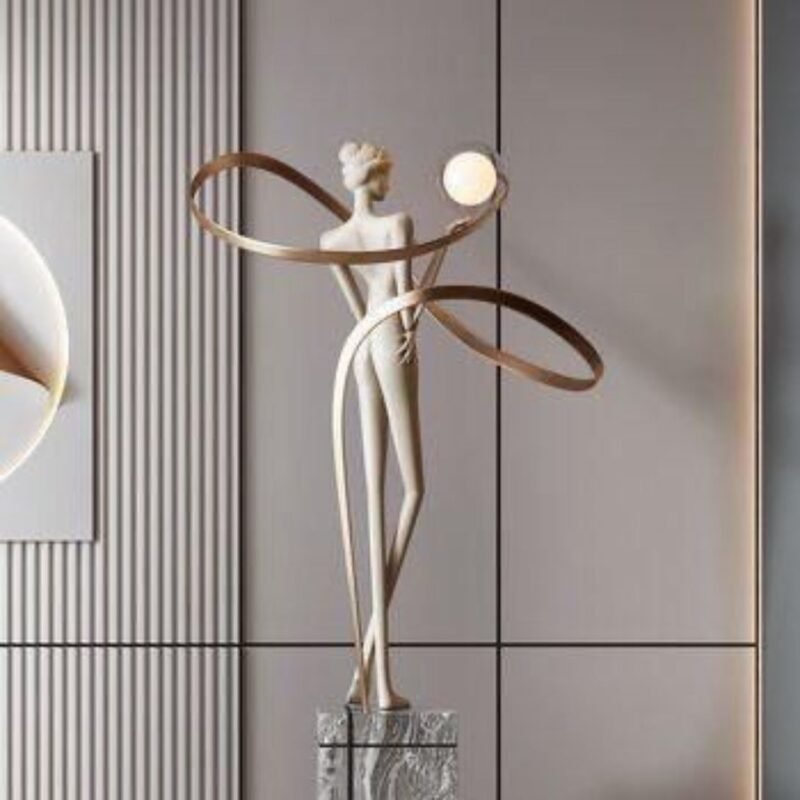 CURVED RINGS AND GLOBE LIGHT SCULPTURAL FLOOR LAMP