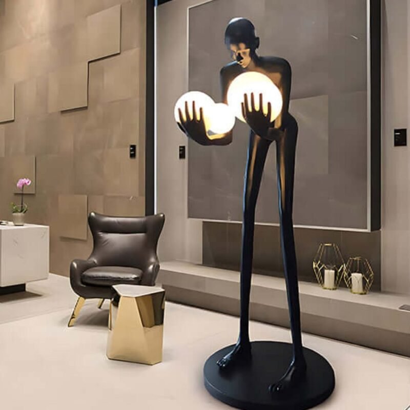 ABSTRACT FIGURE HOLDING LIGHT ORBS SCULPTURAL FLOOR LAMP