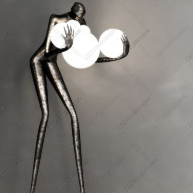 FIGURE HOLDING FLOATING GLOBES SCULPTURAL FLOOR LAMP