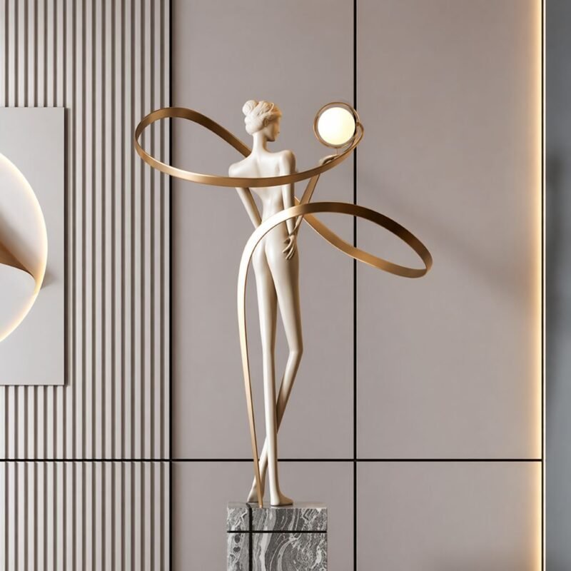 CURVED RINGS AND GLOBE LIGHT SCULPTURAL FLOOR LAMP