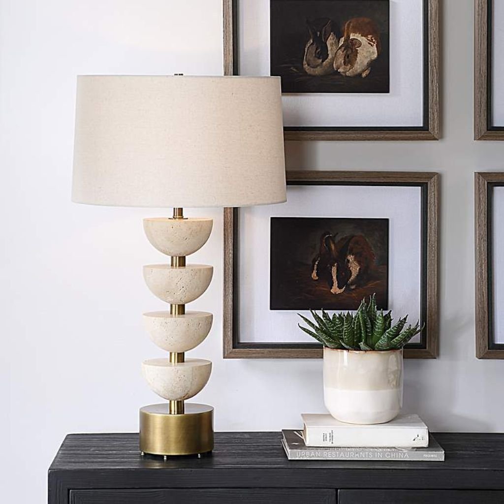 1 MODERN STACKED TRAVERTINE TABLE LAMP