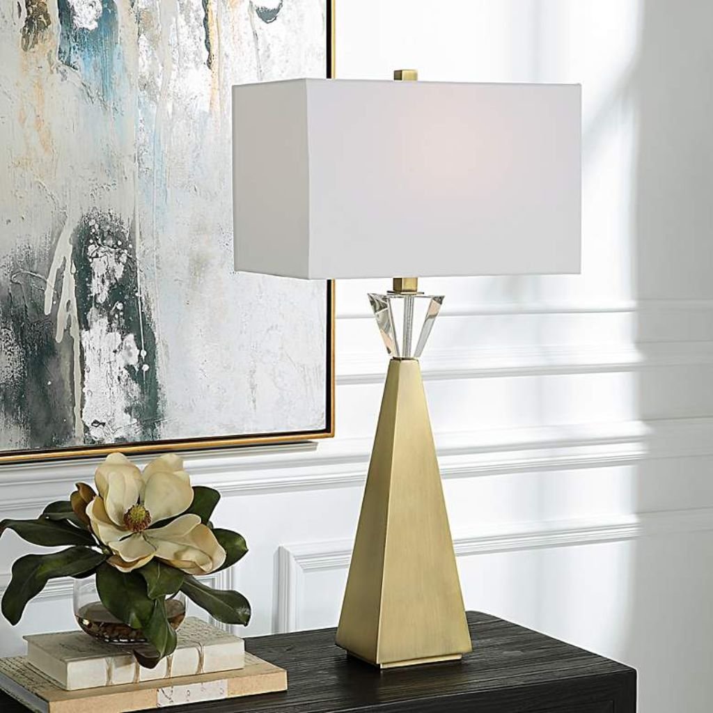 1 PLATED ANTIQUE BRASS AND CRYSTAL TABLE LAMP