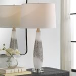 WHITE AND MOTTLED GRAY GLASS TABLE LAMP