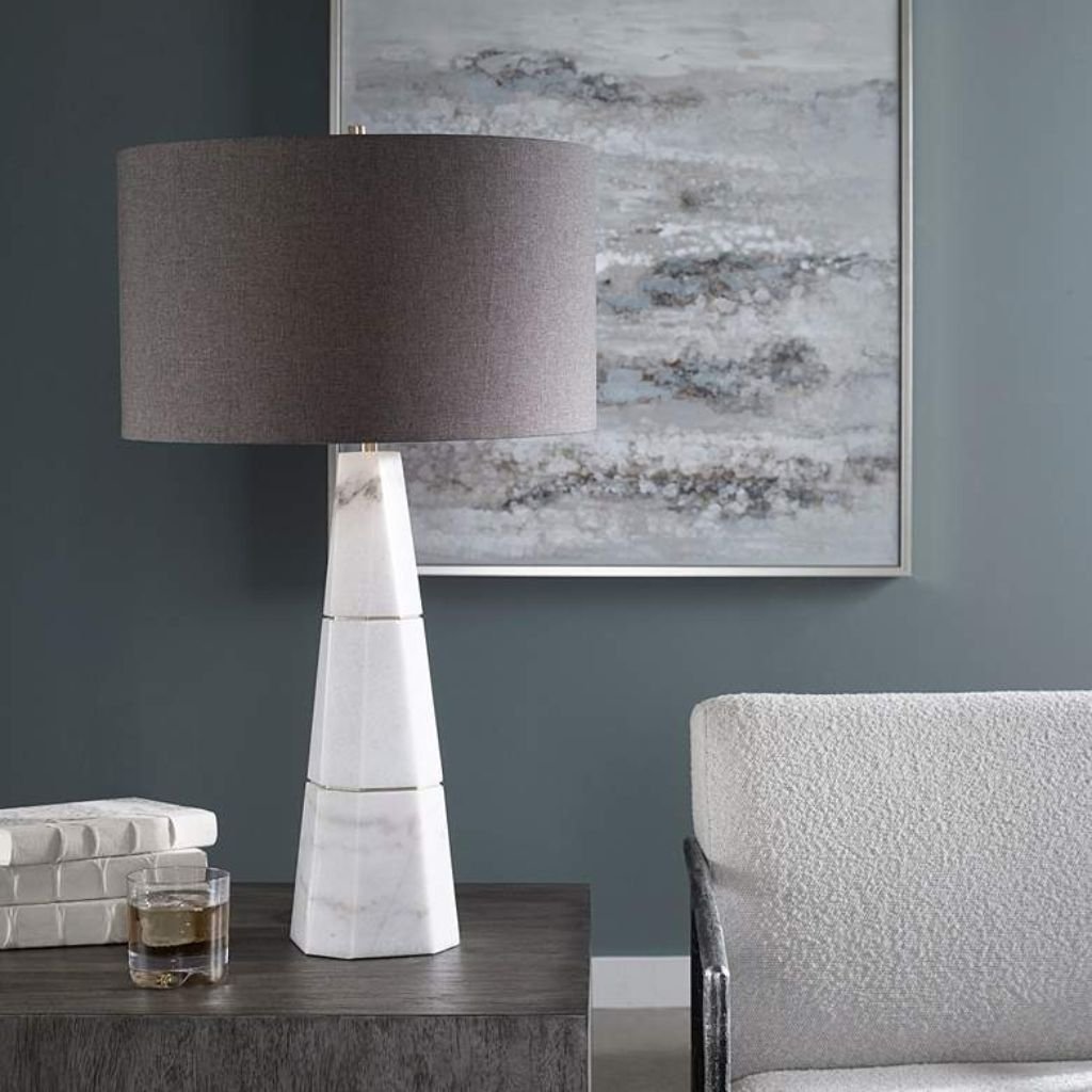 1 MODERN GRAY SHADE WHITE MARBLE TABLE LAMP