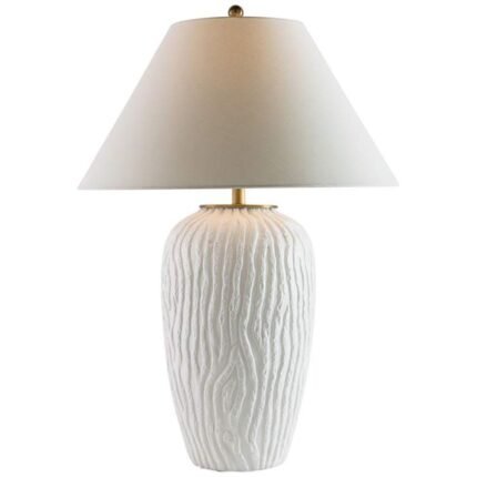 WHITE GLAZE TEXTURED WOOD PORCELAIN TABLE LAMP