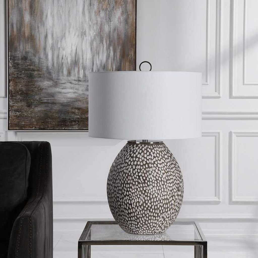 1 GRAY AND CRACKLED WHITE CERAMIC TABLE LAMP