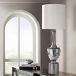 SMOKED GLASS MATTE PEWTER METAL TABLE LAMP