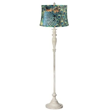 PEACOCK PRINT SHADE ANTIQUE WHITE FLOOR LAMP
