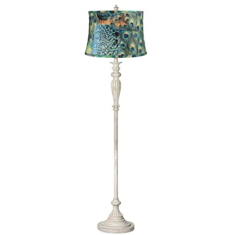 PEACOCK PRINT SHADE ANTIQUE WHITE FLOOR LAMP