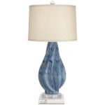 TEAL CERAMIC LAMP WITH WHITE MARBLE RISER