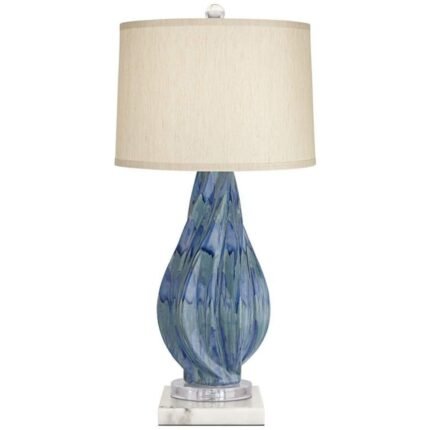 TEAL CERAMIC LAMP WITH WHITE MARBLE RISER