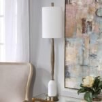 BRASS STEEL AND WHITE MARBLE BUFFET LAMP