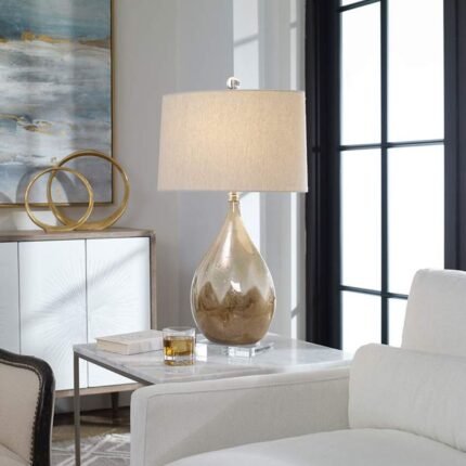 BEIGE AND IVORY TEARDROP CERAMIC TABLE LAMP