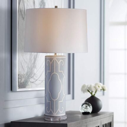BLUE AND WHITE CYLINDER TABLE LAMP