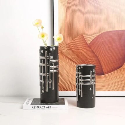 MODERN GRID RELIEF VASE BLACK
