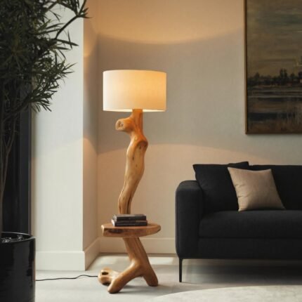 RUSTIC SCULPTURAL FLOOR LAMP WITH SIDE TABLE