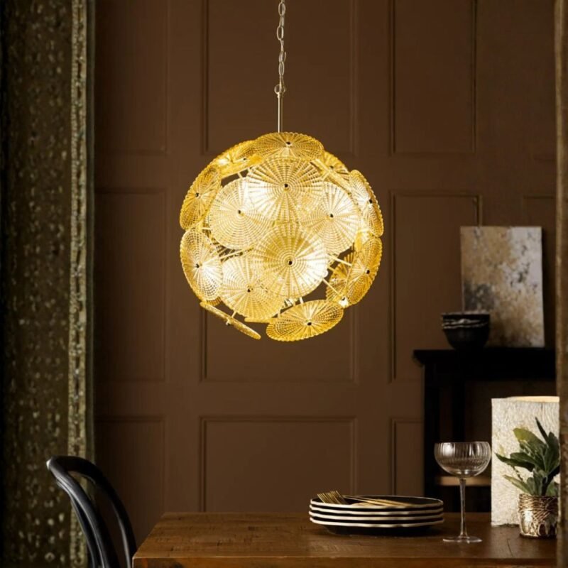 GOLD AMBER RIBBED GLASS DISC CEILING LIGHT