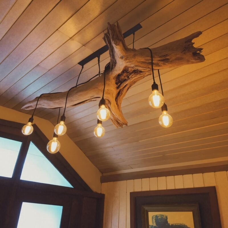 RUSTIC LOG CHANDELIER WITH EDISON BULBS OAK
