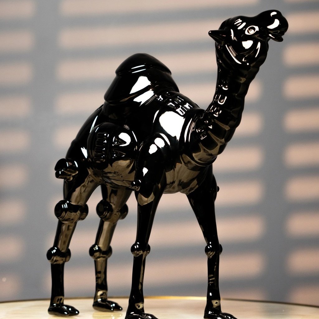 Black Camel Art Sculpture — glossy black resin animal sculpture in a modern avant-garde design, available as a single piece or set of two | Lume Art Gallery Black Camel Art Sculpture — glossy black resin animal sculpture in a modern avant-garde design, available as a single piece or set of two | Lume Art Gallery