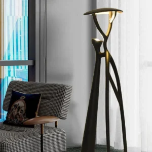 Antique brass arc lamp with adjustable arm in traditional living room