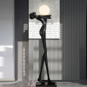 Arc floor lamp extending over seating in double-height living space