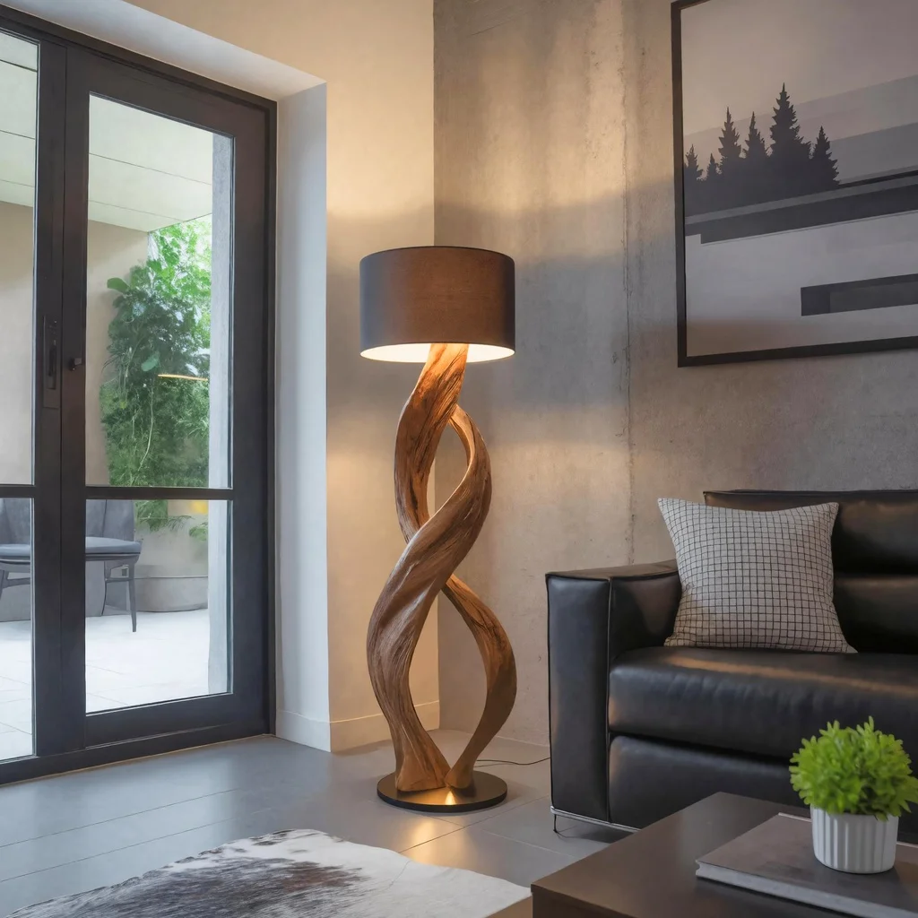 Modern arc floor lamp with brass finish curving over contemporary sofa