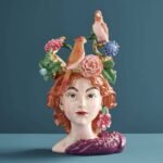 Vase Woman's Head with Parrots Bird Sculpture