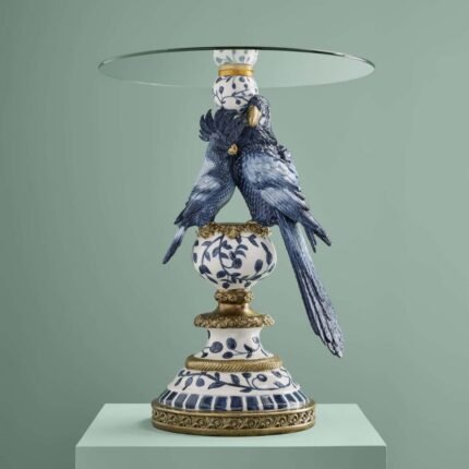 Side Table with Blue Parrots Bird Sculpture