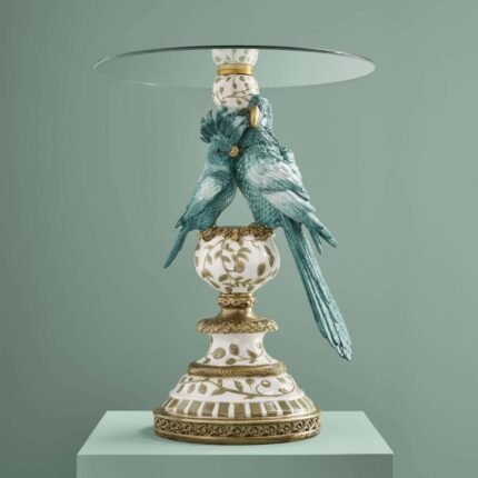 Side Table with Green Parrots Bird Sculpture