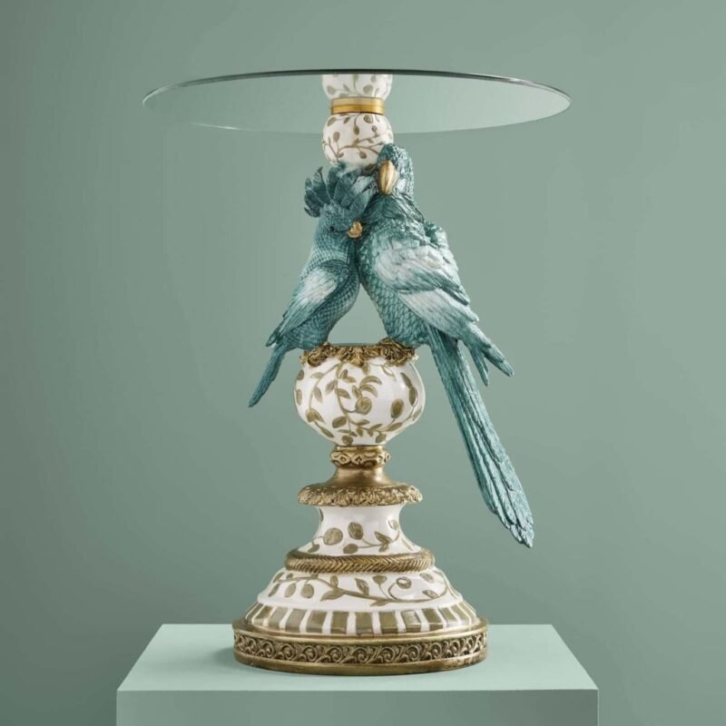 Side Table with Green Parrots Bird Sculpture