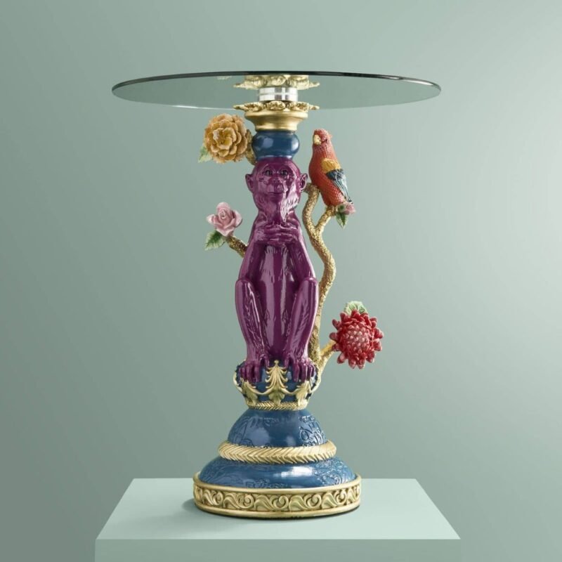 Side Table Purple Monkey with Parrot Bird Sculpture