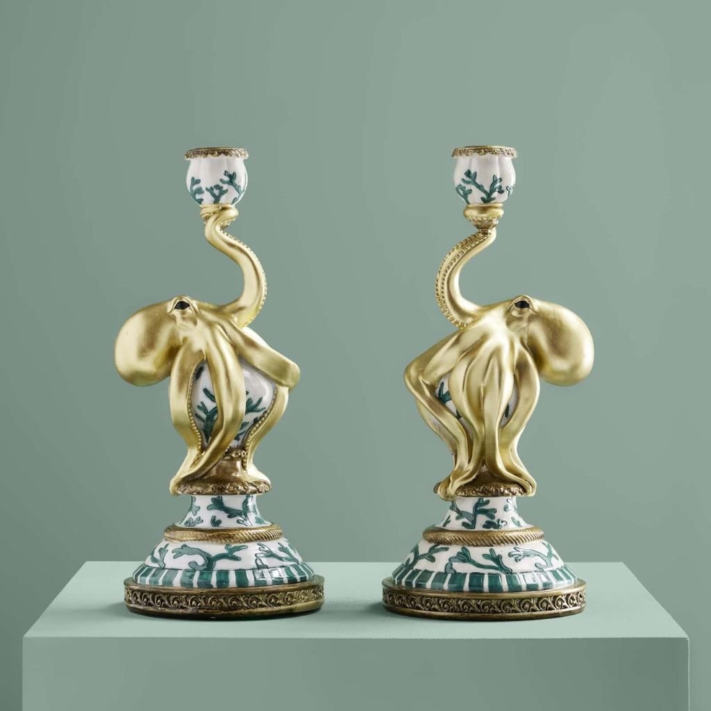 Set of 2 Otto Octopus Candle Holders Turquoise-White-Gold Art Sculptures Set of 2 Otto Octopus Candle Holders Turquoise-White-Gold Art Sculptures