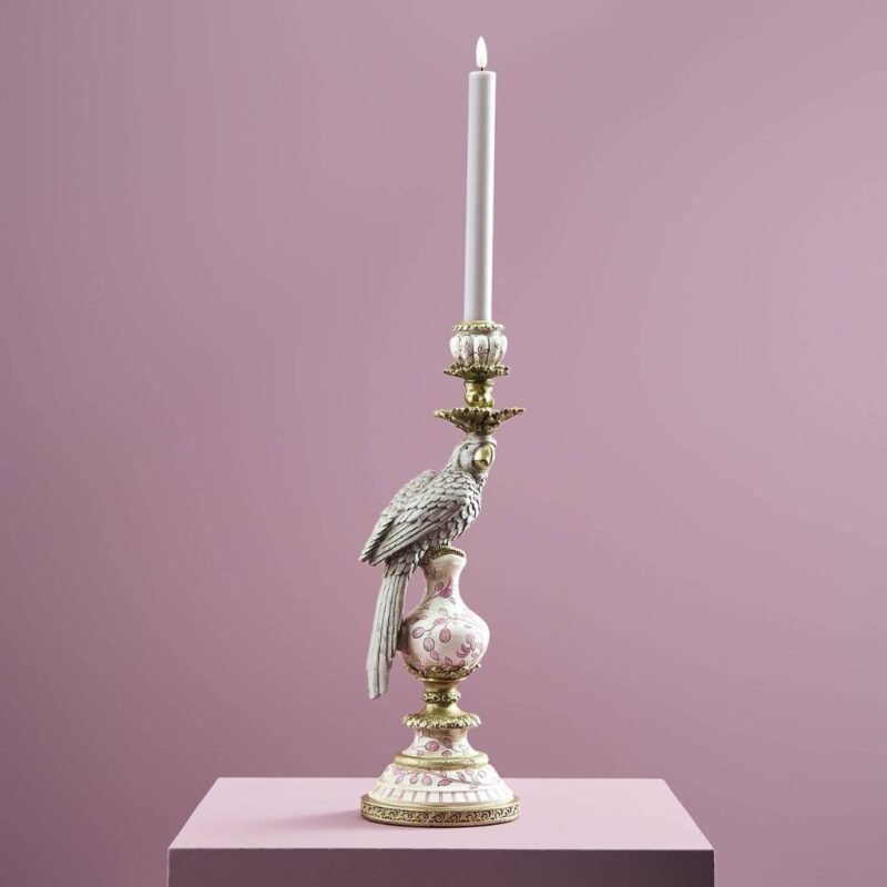Candlestick Parrot Amari Green Gold Bird Sculpture