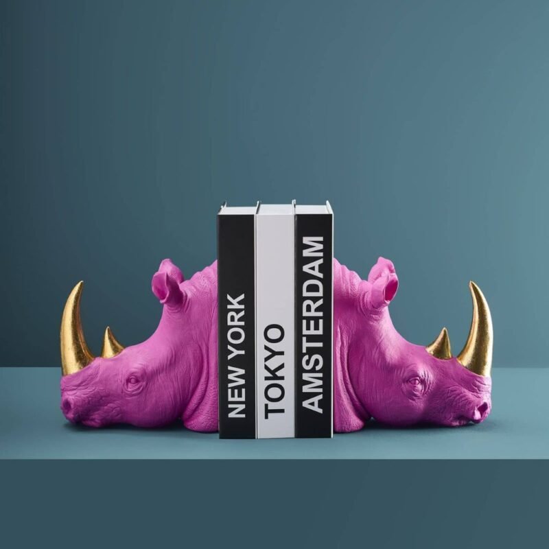 Set of 2 Rhino Bookends Magenta-Gold Animal Sculpture