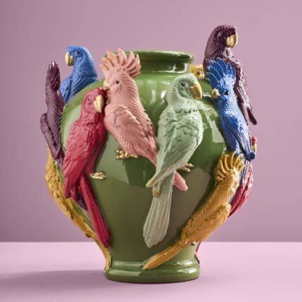 Vase with Parrots Green Bird Sculpture