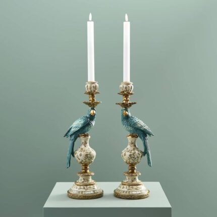 Set of 2 Parrot Candle Holders Turquoise-White | Art Sculptures