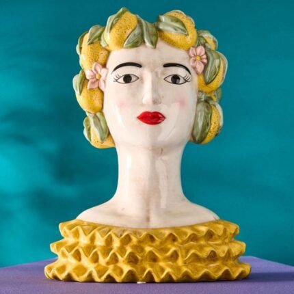 Sicilian Female Bust Decorative Vase Lady Lemon Yellow-Green Hand-Painted Art Sculptures