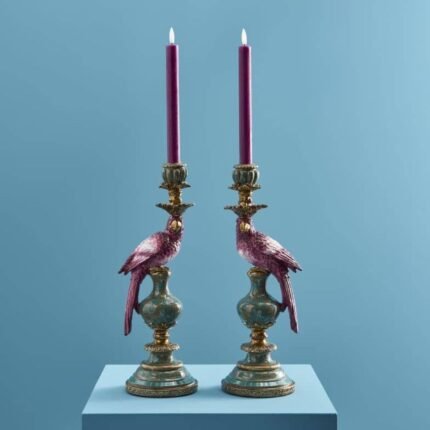 Set of 2 Parrot Candle Holders Pink Art Sculptures