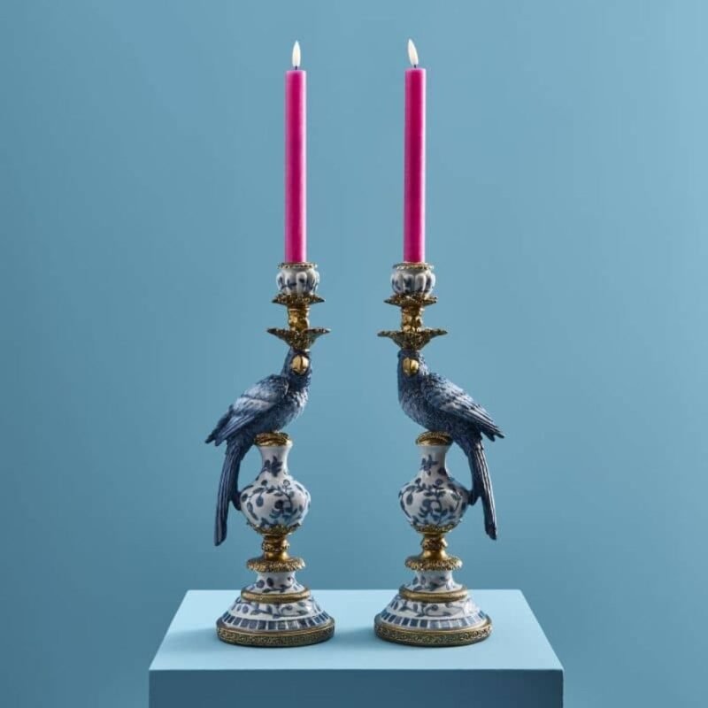 Set of 2 Parrot Candle Holders Blue Art Sculptures