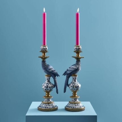 Set of 2 Parrot Candle Holders Blue Art Sculptures