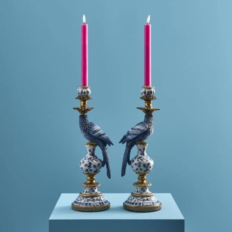 Set of 2 Parrot Candle Holders Blue Art Sculptures